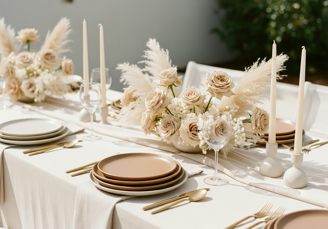 Luxury neutral tablescape with pampas grass and gold flatware — Miami event design by Noeli Event Production
