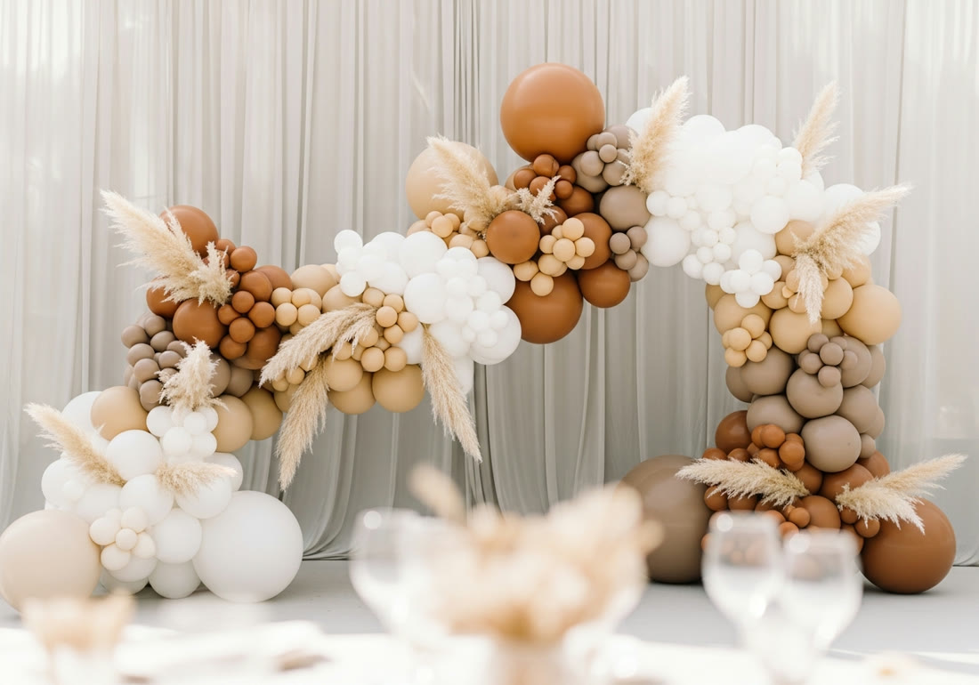 Elegant neutral balloon arch with pampas grass — Miami party décor by Noeli Event Production