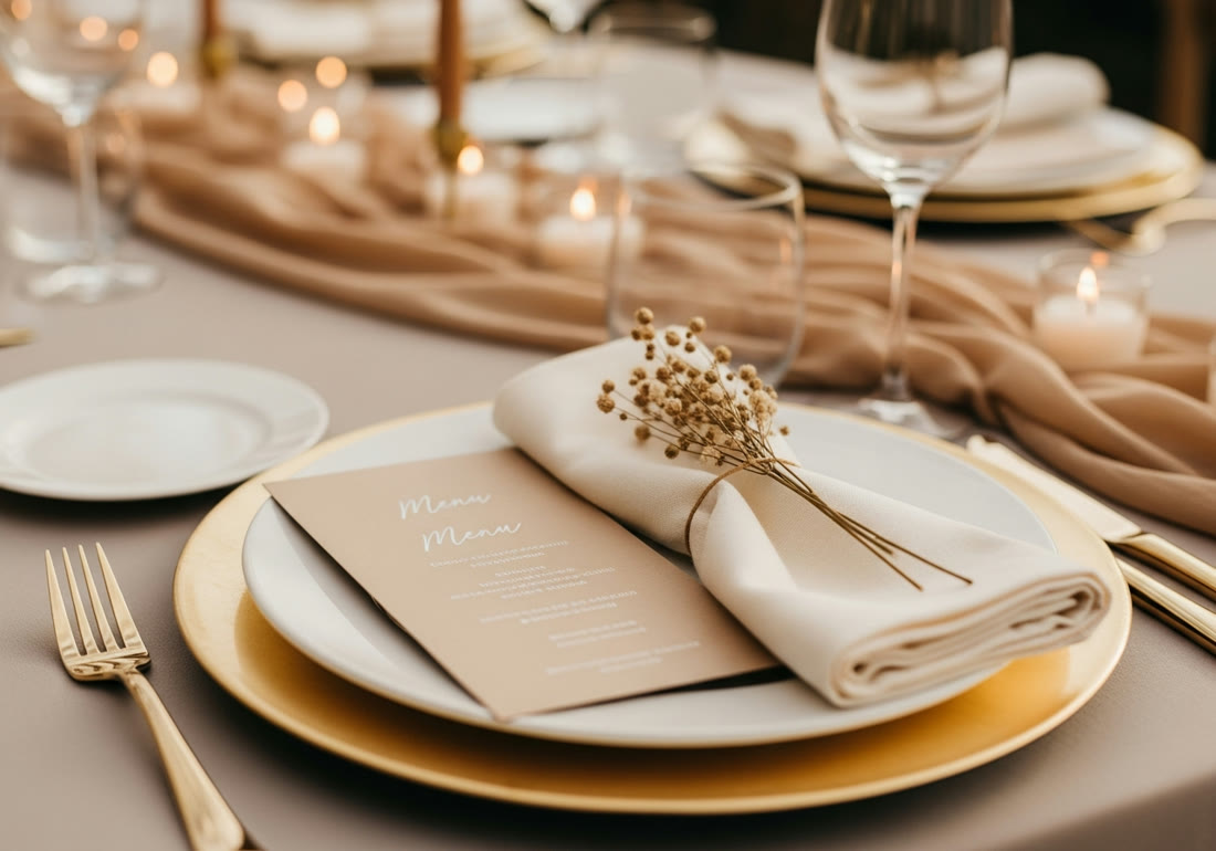 Refined place setting with menu card and candlelight — luxury event styling in Miami