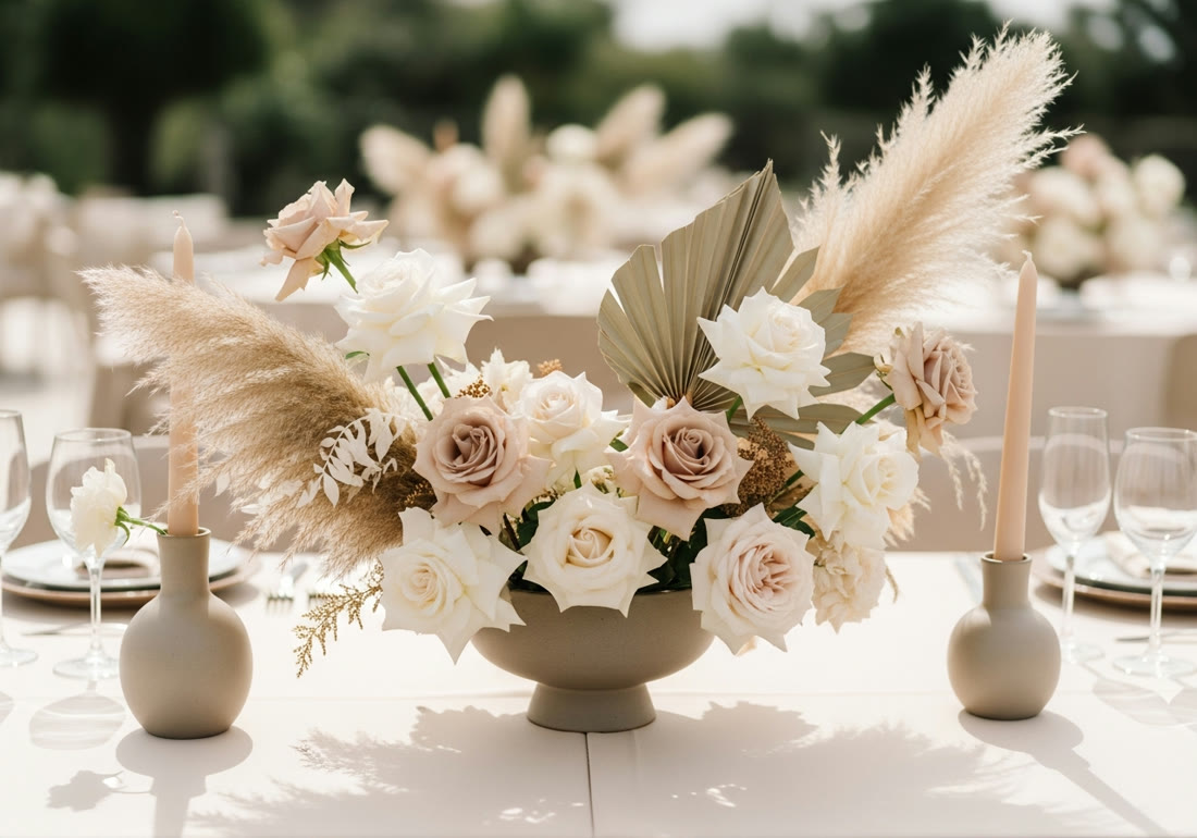 Pampas grass and rose floral centerpiece — Miami wedding and event décor