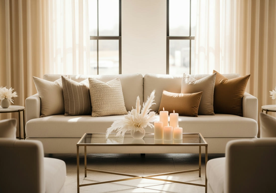 Elegant event lounge with neutral sofa and brass details — Miami luxury event production