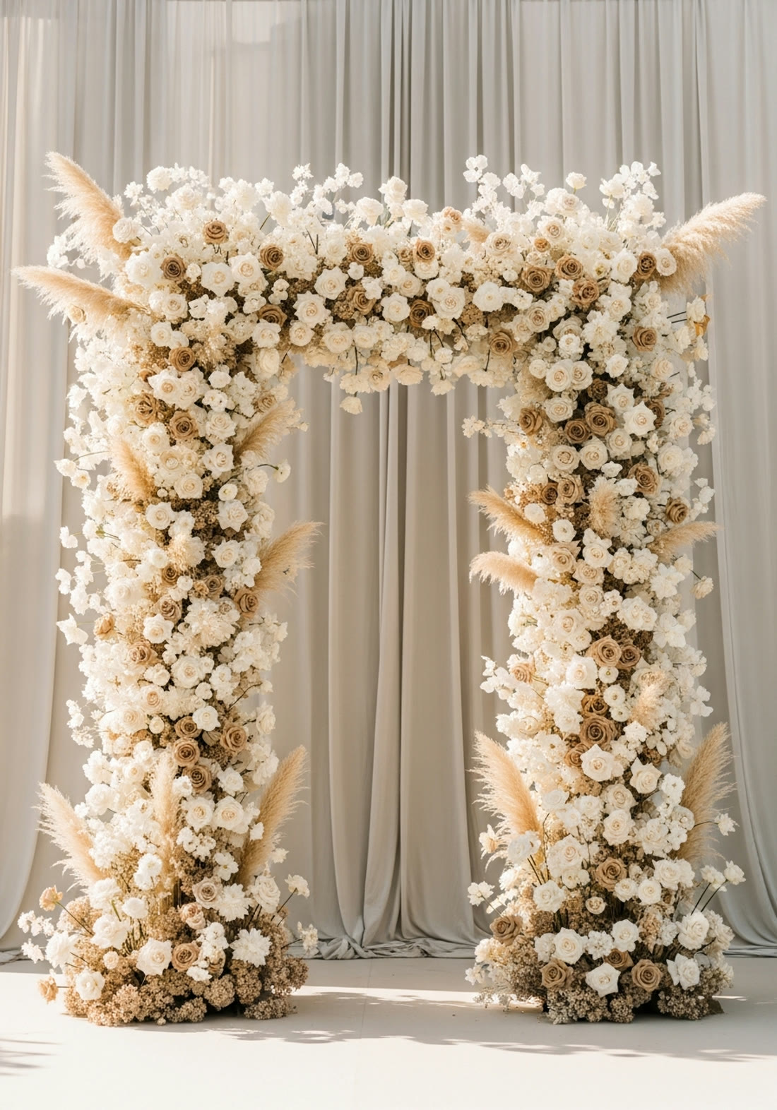 Tall floral and pampas grass arch installation — Miami wedding and event décor by Noeli Event Production