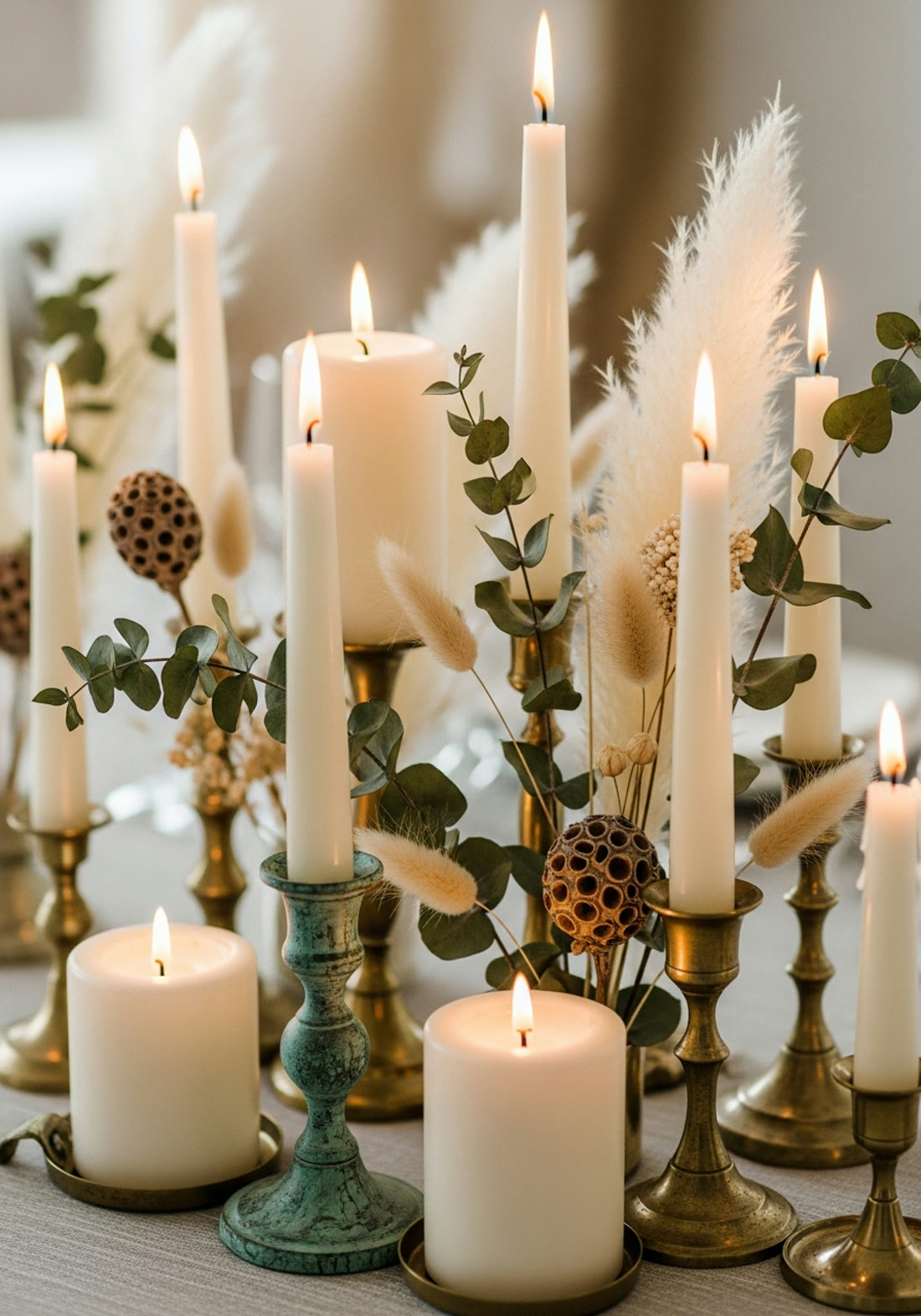 Cream taper and pillar candles with eucalyptus in brass holders — romantic Miami event design