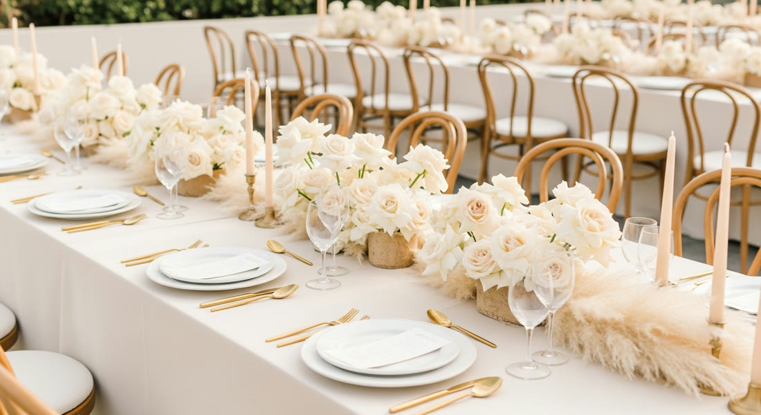 Panoramic luxury banquet tablescape with pampas runner and gold details — Miami event design